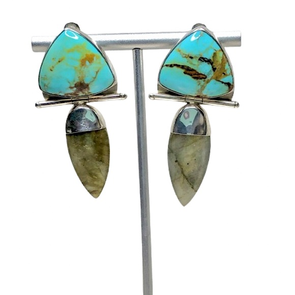 VINTAGE Sterling Silver Turquoise Labradorite Omega Back Earrings - Picture 5 of 15